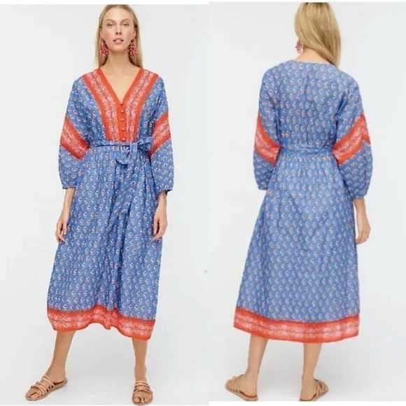 Y2K J. Crew Beachwear 3/4 Sleeve Midi Dress Sz M V-Neck Floral Print Cover Up - Picture 1 of 15